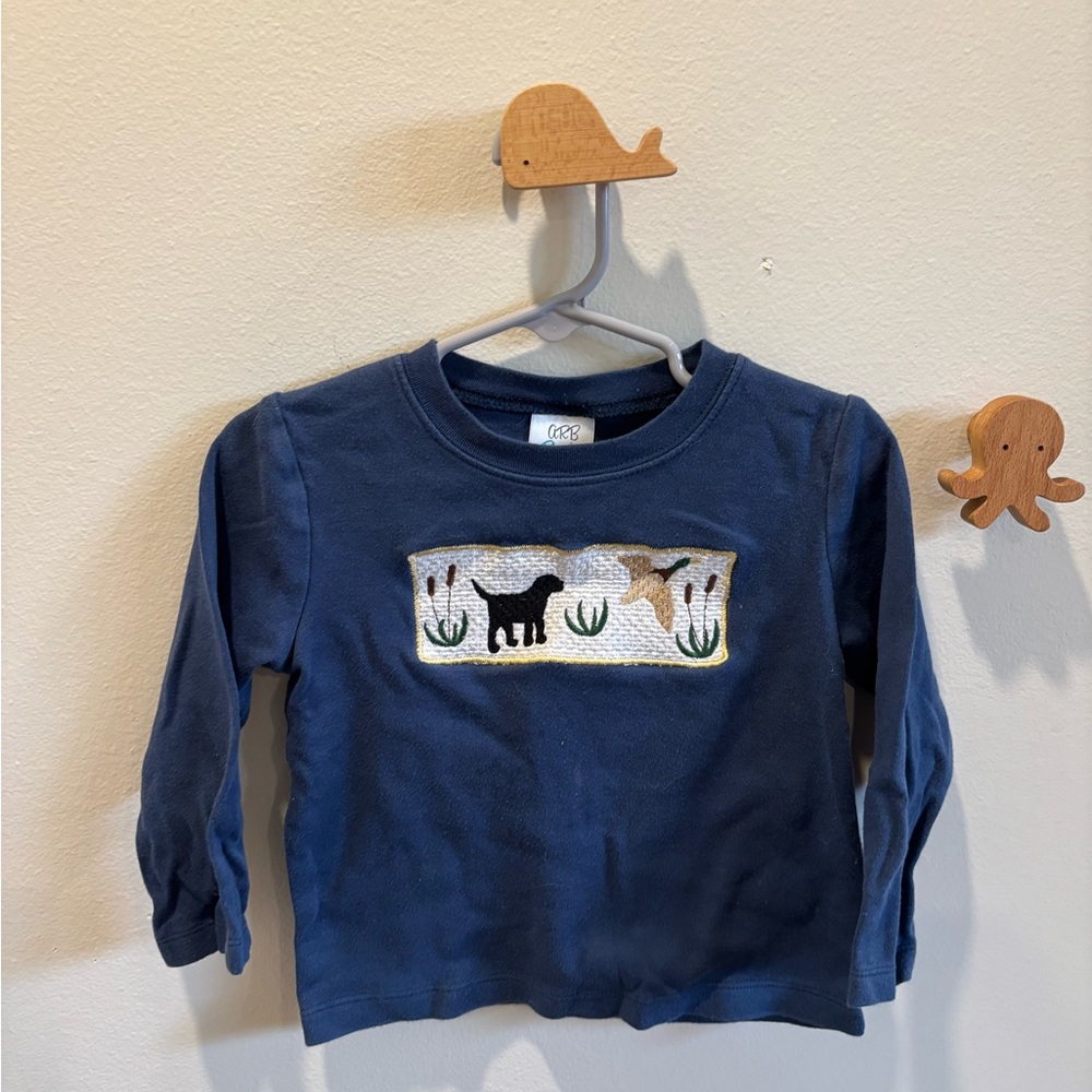 Kids Navy Blue Long Sleeve Shirt with Dog & Duck Applique